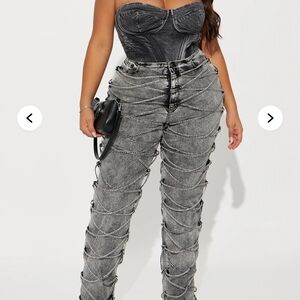 Stylish Black Corset Top with Gray Lace-Up Pants